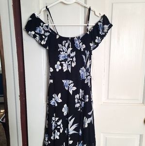 Black with blue and white floral design dress
